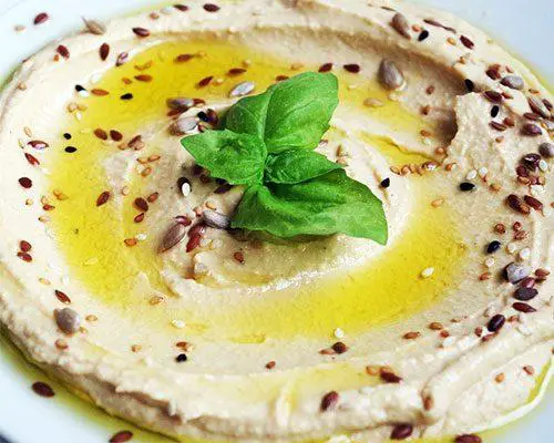Humus topped with flax seeds